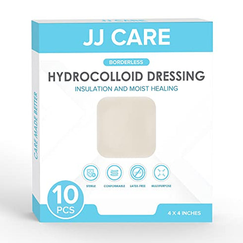 JJ CARE Hydrocolloid Dressing (Pack 10) - 4x4 Hydrocolloid Bandages with Border